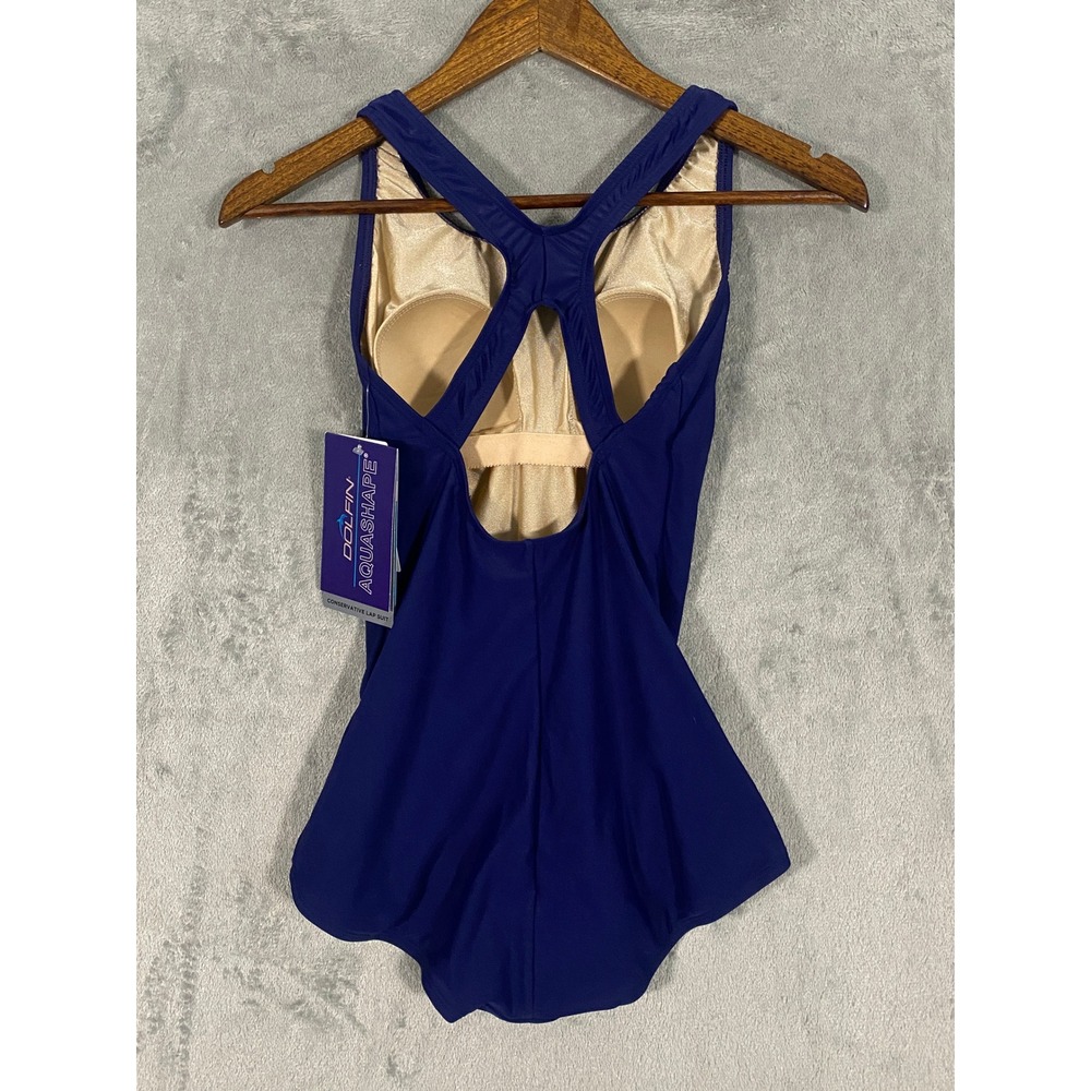 NWT Dolfin Swimsuit 34/8L Navy Aquashape Conservative Lap Suit Racerback One PC - Picture 2 of 12
